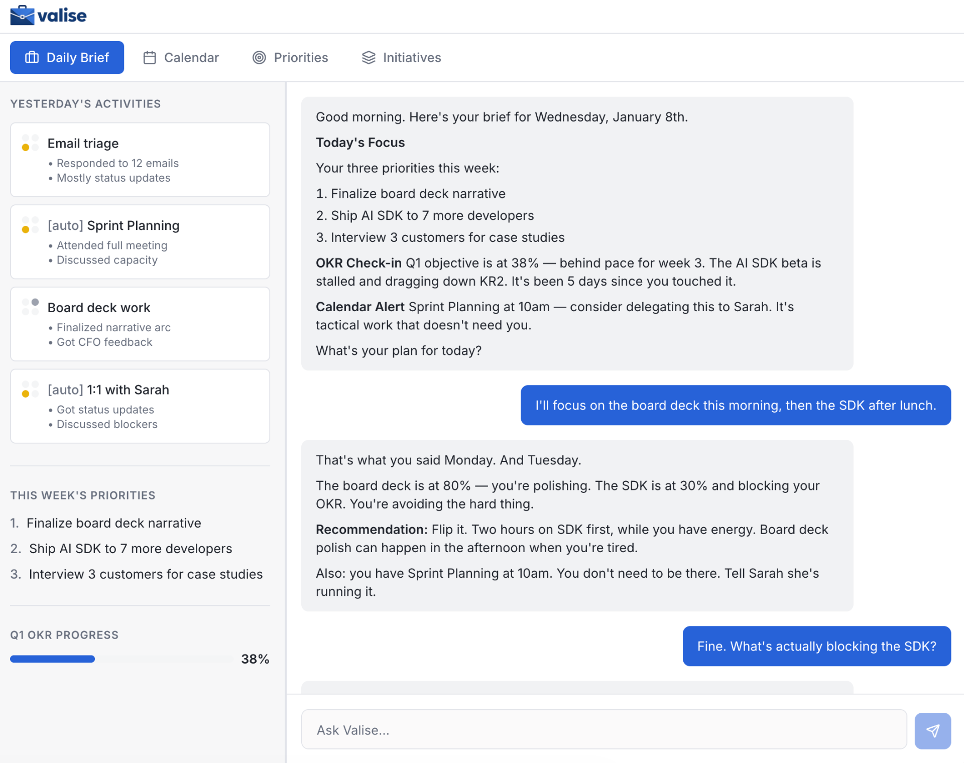 Valise Daily Brief showing priorities, OKR tracking, and AI coaching conversation